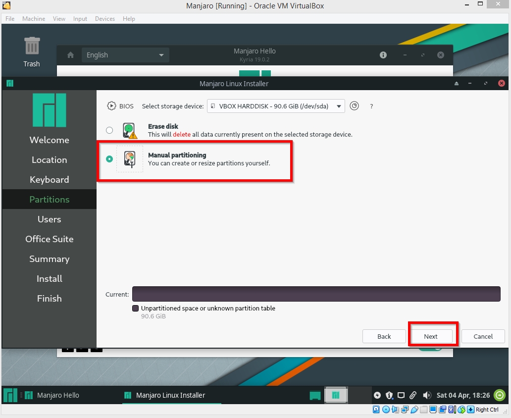 Hard disk partitioning - manual choice during installation