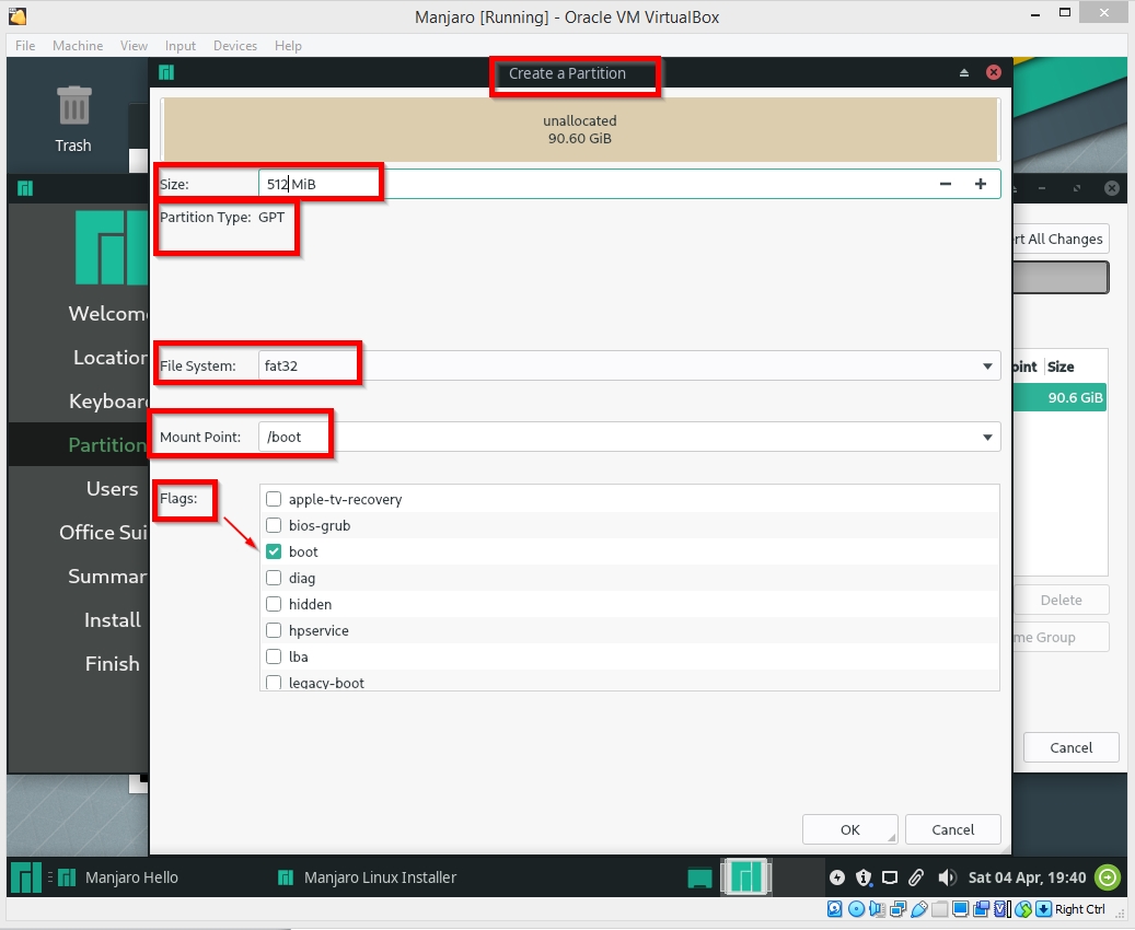 Hard disk partitioning - set up of a boot partition during regular installation