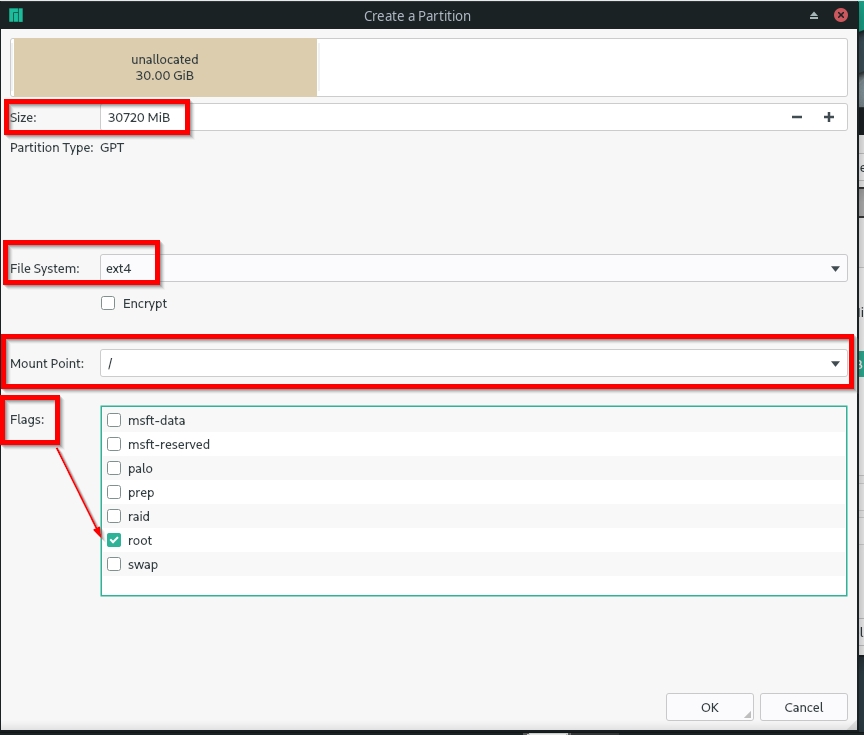 Hard disk partitioning - set up of a root partition during regular installation