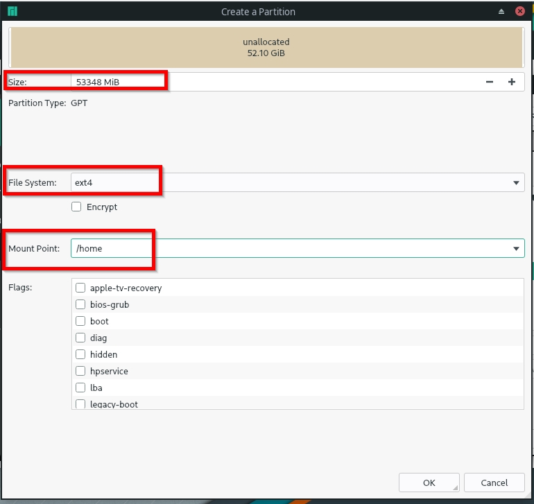 Hard disk partitioning - set up of a home partition during regular installation