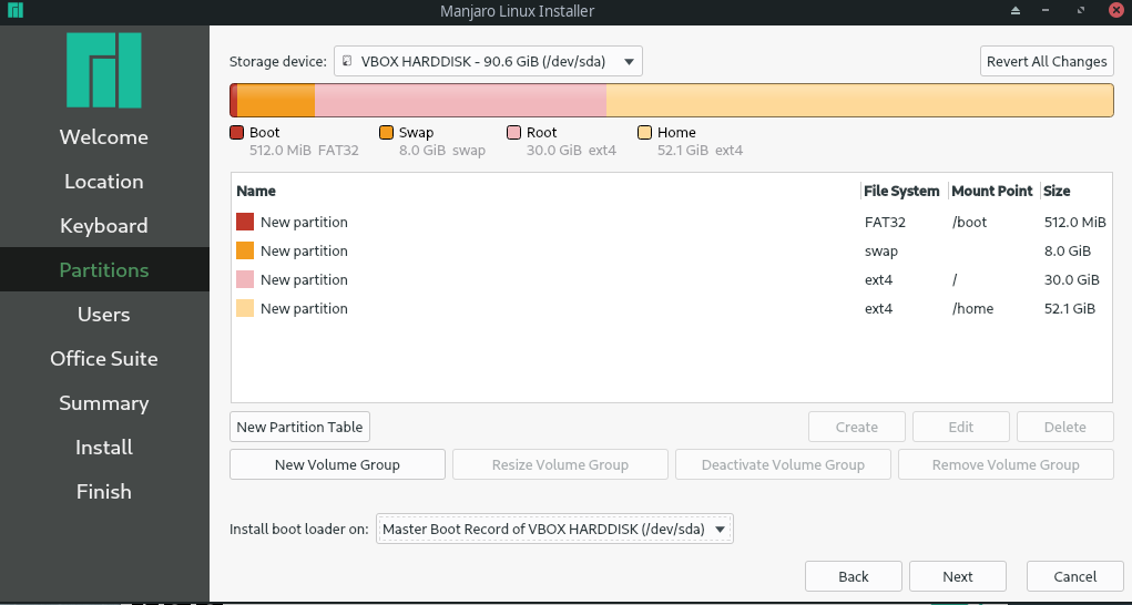 Hard disk partitioning - final partitions summary during regular installation