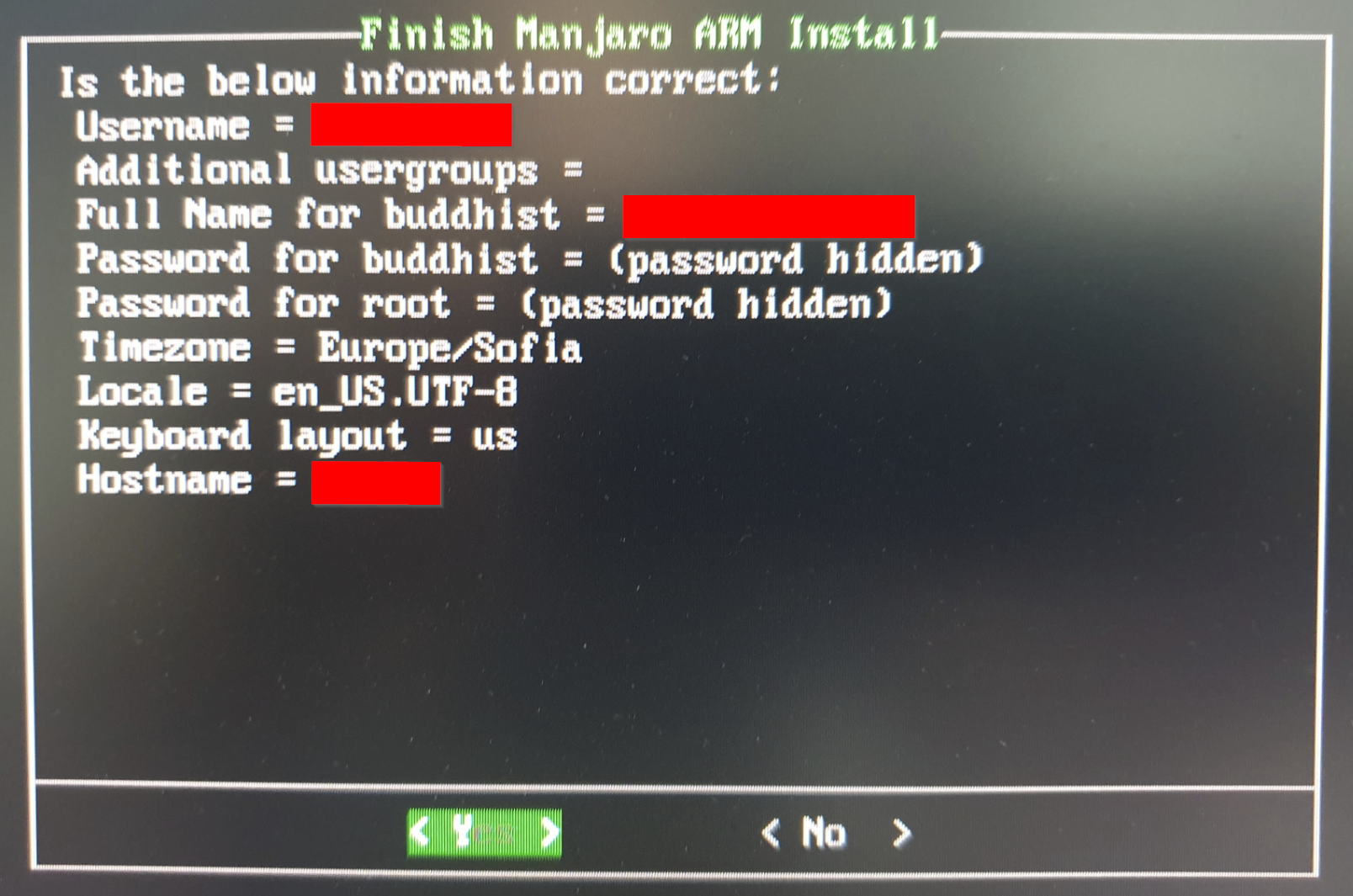 Manjaro ARM install summary screen